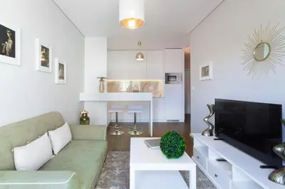 a living room with a couch and a tv at Urban Views - ML inspired by Torre dos Clérigos in Porto