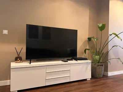 a white vase with sticks in it next to a tv at House Real Companhia in Vila Nova de Gaia