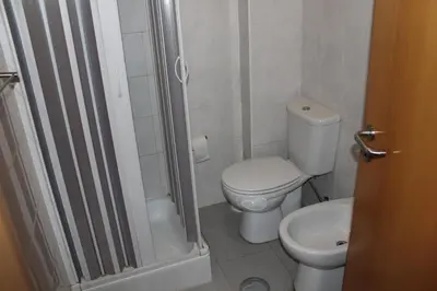 a small bathroom with a toilet and a shower at Guest House Estrela in Porto