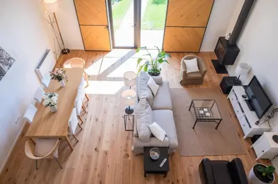 an overhead view of a living room with a couch and a table at Loft in Porto in Porto
