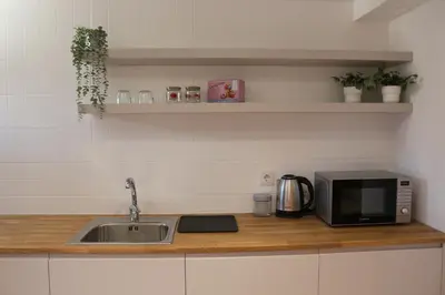 a kitchen counter with a microwave and a sink at Casas da Corujeira in Porto