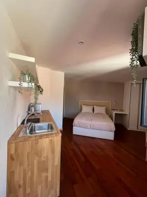 a kitchen with a sink and a bed in a room at Casas da Corujeira in Porto
