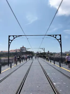 a bridge over a river with people walking on it at Loft in the historic center of Oporto downtown in Porto
