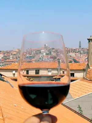 a person holding a glass of wine in front of a city at Art Cottage with oPorto View! in Vila Nova de Gaia