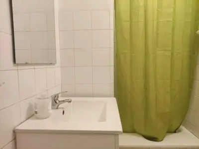 a bathroom with a sink and a green shower curtain at DISCOVER PORTO - Boavista 3 in Porto