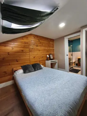 a bedroom with a large bed with a ceiling at Gaia Style Room in a Shared Apartment in Vila Nova de Gaia