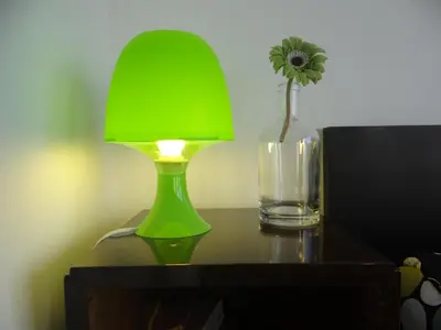 a green lamp and a vase with a flower on a table at Alegria Apartment Porto Downtown in Porto
