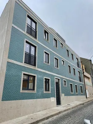 a blue brick building with windows on a street at Marinho's Oporto Apartments in Porto