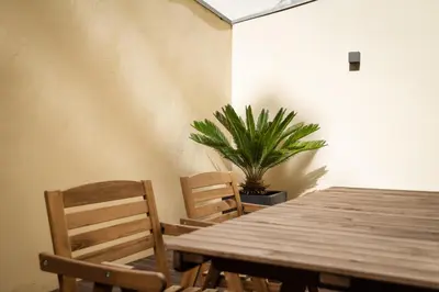 a wooden table with two chairs and a potted plant at Rivoli Apartments in Porto