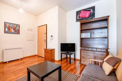 a living room with a couch and a tv at VIVA Old Franciscan Studio in Porto