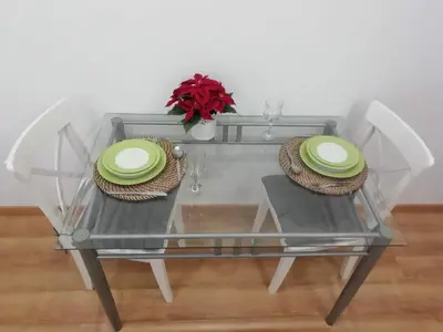 a glass coffee table with two green plates on it at Apartment in the historic center of Porto in Porto