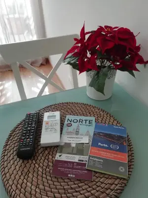 a table with a remote control and a book and flowers at Apartment in the historic center of Porto in Porto