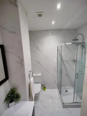 a bathroom with a shower and a toilet and a sink at Apartment in the historic center of Porto in Porto