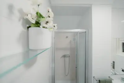 a bathroom with a shower with a vase of flowers at Douro Garden - Authentic Portuguese Guesthouse in Vila Nova de Gaia