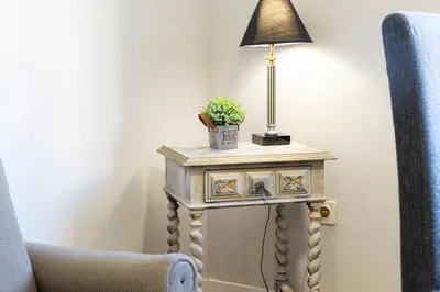 a table with a lamp and a potted plant on it at MyRiverPlace N 1 River View Porto apartments in Vila Nova de Gaia