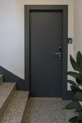 a black door in a hallway with a plant at Apartamentos Portodouro - Ribeira in Porto