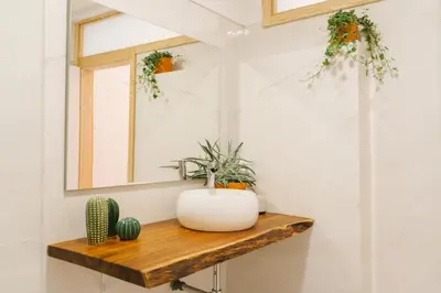 a bathroom with a mirror and a table with plants at Porto serenity studio in Porto