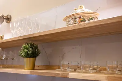 a row of glasses on a shelf with a potted plant at Cardosas Gem - Historic ap 1F in Porto