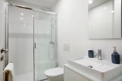 a bathroom with a shower and a sink and a toilet at Oporto Cosy Apartment in Porto