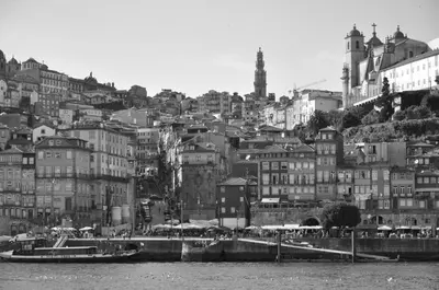 a black and white photo of a city with buildings at Porto Sé Classic Terrace Apartment in Porto
