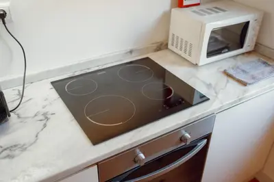 a kitchen counter with a stove and a microwave at OPORTO GUEST Luxus Garden in Porto
