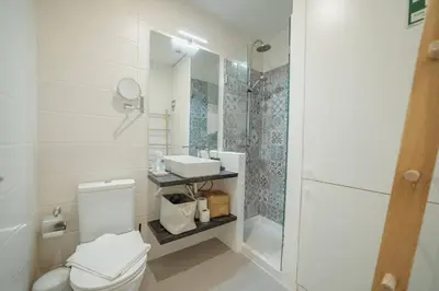 a bathroom with a toilet and a sink and a shower at Santa Catarina Apartment by Hosty in Porto
