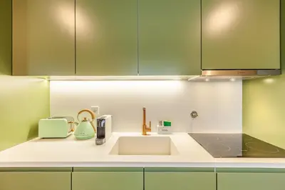 a kitchen counter with a sink and green cabinets at Savvy Signature Apartments in Porto