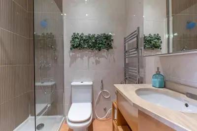 a bathroom with a toilet and a sink and a shower at Top floor apartment with Sunny Balconies in Porto