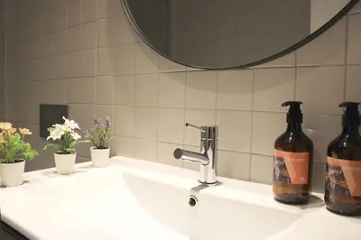 two bottles sitting on a bathroom sink in front of a mirror at Marquês City Center Flat in Porto