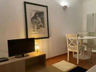 a living room with a tv and a table with a chair at Douro River Charming Flats in Porto