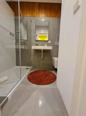 a bathroom with a shower and a sink and a rug at INSOLI I Porto by Apartments2Stay in Porto