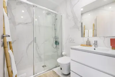 a bathroom with a shower and a toilet and a sink at Lovely 2-bed in the city centre with a sunny balcony in Porto