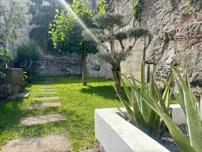 a garden with a tree and a stone wall at Pombeiro Apartments in Porto