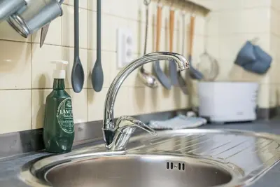 a kitchen sink with a green soap bottle next to it at Woodwork Apartment in Porto