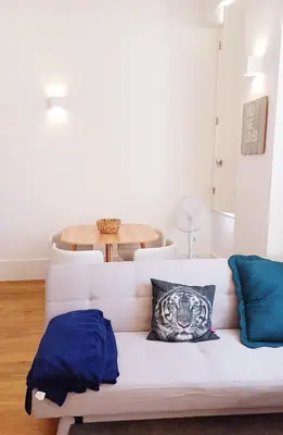 a white couch with blue pillows in a living room at Foryou-2-BonfimPorto in Porto