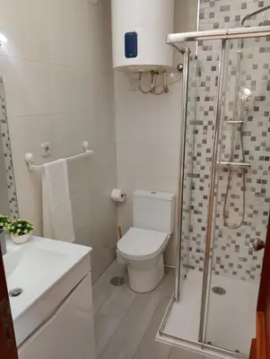 a white bathroom with a toilet and a shower at Travel and Live Poveiros in Porto