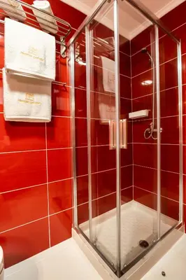 a shower stall in a bathroom with red tiles at Pinheiro Cardoso in Porto