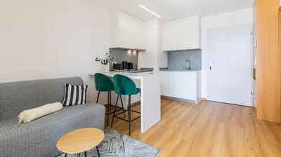a living room with a couch and a kitchen at Infante Studio w Parking by LovelyStay in Vila Nova de Gaia