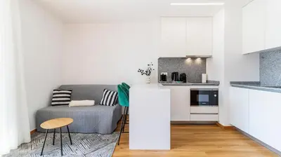 a living room with a couch and a kitchen at Infante Studio w Parking by LovelyStay in Vila Nova de Gaia