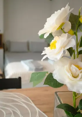 a vase filled with white flowers on a table at The Cale - Antero de Quental 32 in Porto