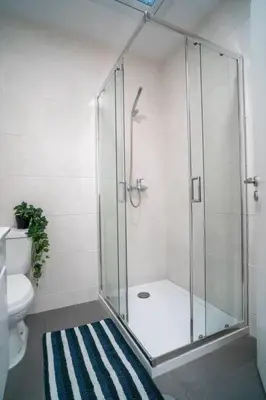 a bathroom with a shower with a toilet and a rug at Casa da fonte in Vila Nova de Gaia
