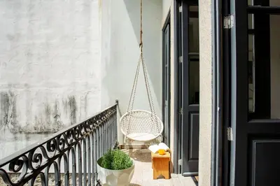 a porch with a swinging chair and a plant at Sunny Priorado Vintage studio with balcony in Porto