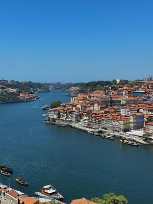 an aerial view of a river with buildings and boats at Downtown Premiu in center of Porto 3BR with AC in Porto