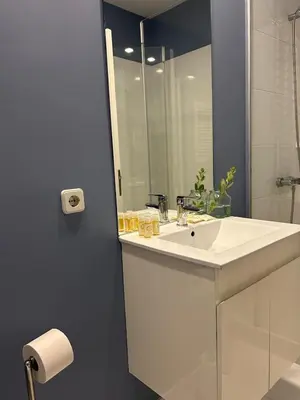 a bathroom with a white sink and a mirror at Largo São Domingos by Innapartments in Porto