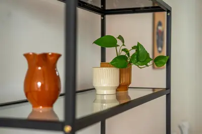 two vases and a plant on a glass shelf at Chic 1BR in República w Balcony by LovelyStay in Porto