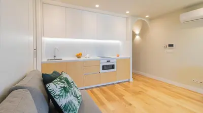 a living room with a couch and a kitchen at 3T Charming apartment in Boavista in Porto