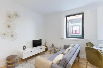 a living room with a couch and a tv at OPorto Cosy and Modern Loft in Porto