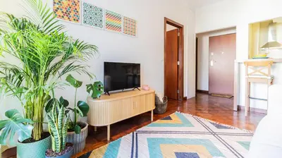 a living room with potted plants and a flat screen tv at Adorable apartment 2D in Porto
