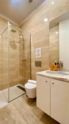 a bathroom with a toilet and a shower and a sink at SM Apartments in Porto