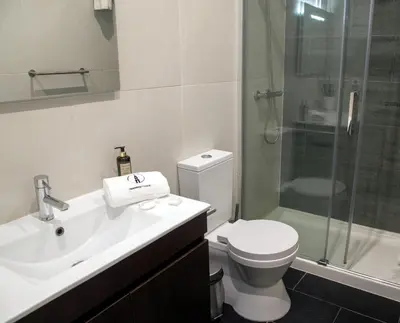 a bathroom with a sink and a toilet and a shower at Cedofeita Village in Porto